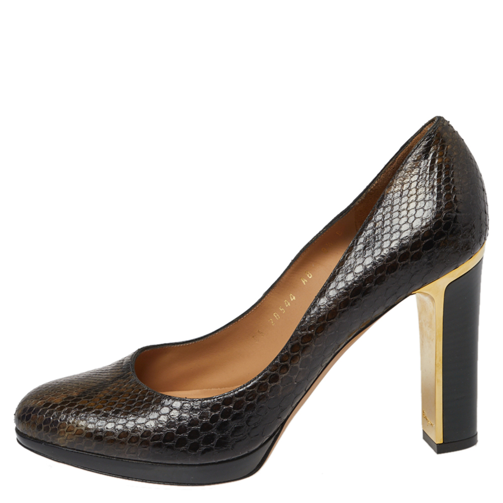 

Salvatore Ferragamo Dark Brown Python Metal Heel Pumps Size