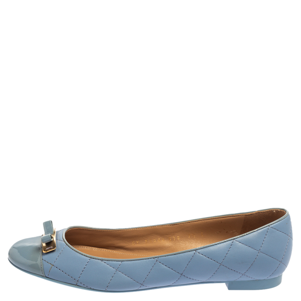 

Salvatore Ferragamo Blue Quilted Leather Bow Ballet Flats Size