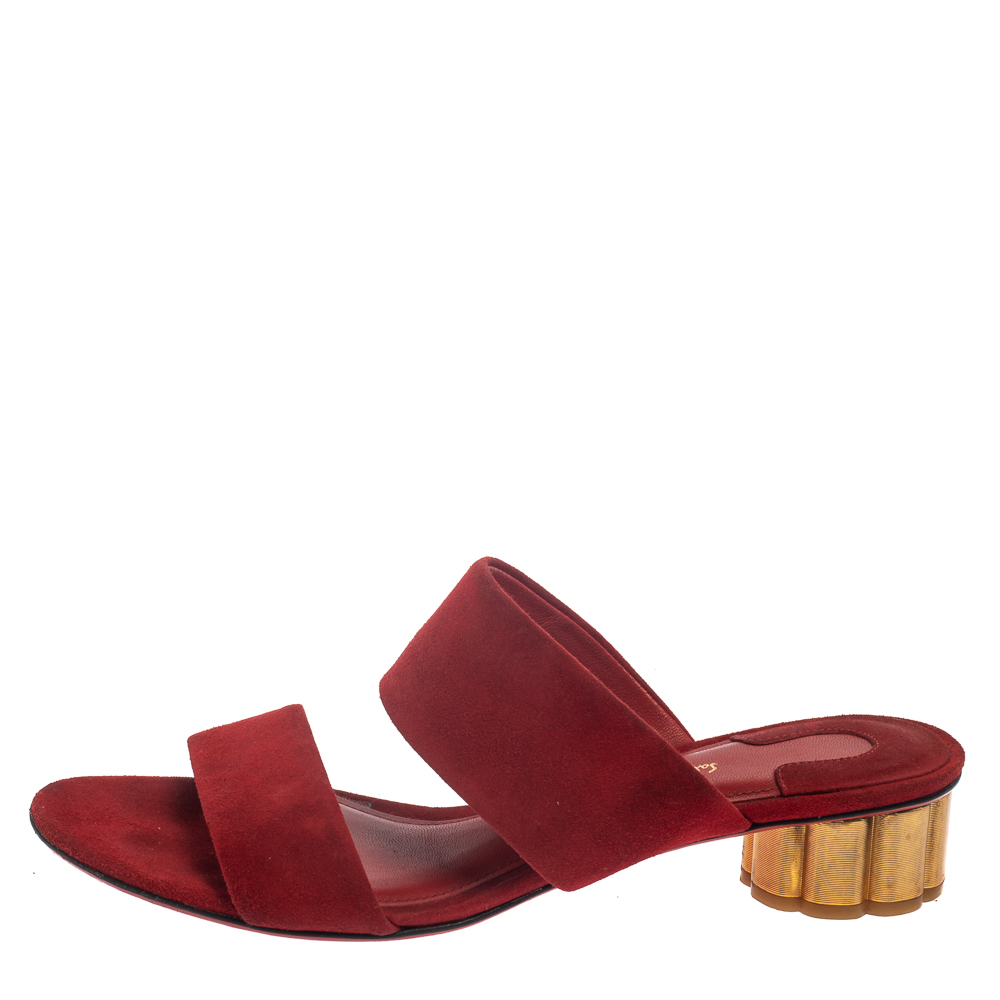 

Salvatore Ferragamo Red Suede Belluno Flower Slide Sandals Size