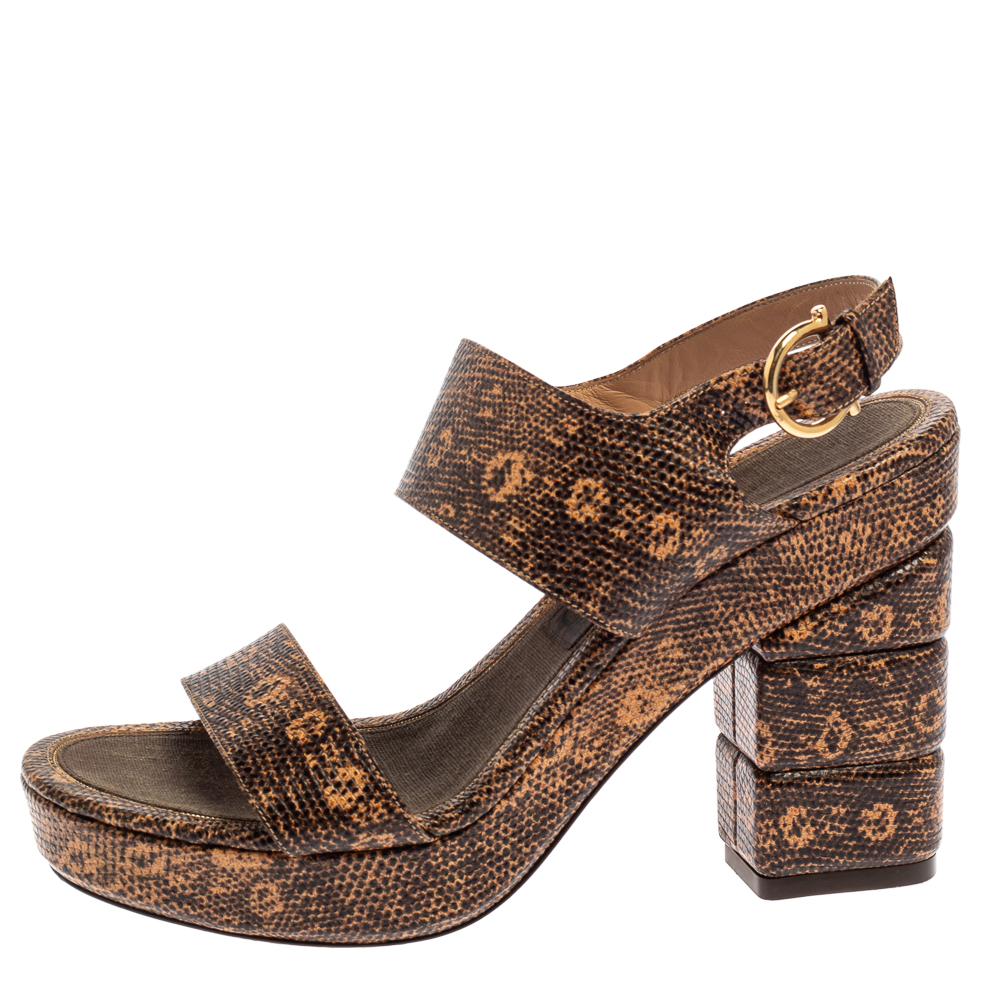 

Salvatore Ferragamo Brown/Black Leather Block Heel Ankle Strap Sandals Size