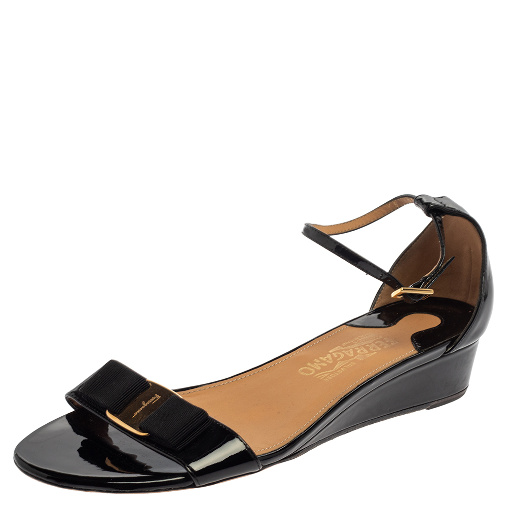 

Salvatore Ferragamo Black Patent Margot Vara Bow Ankle Strap Wedge Sandals Size