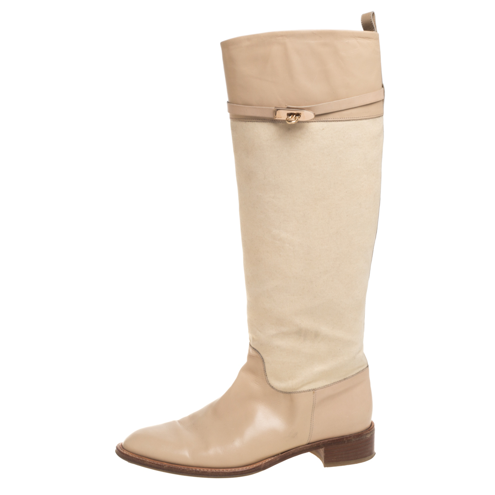 

Salvatore Ferragamo Beige Canvas And Leather Calipso Knee High Boots Size