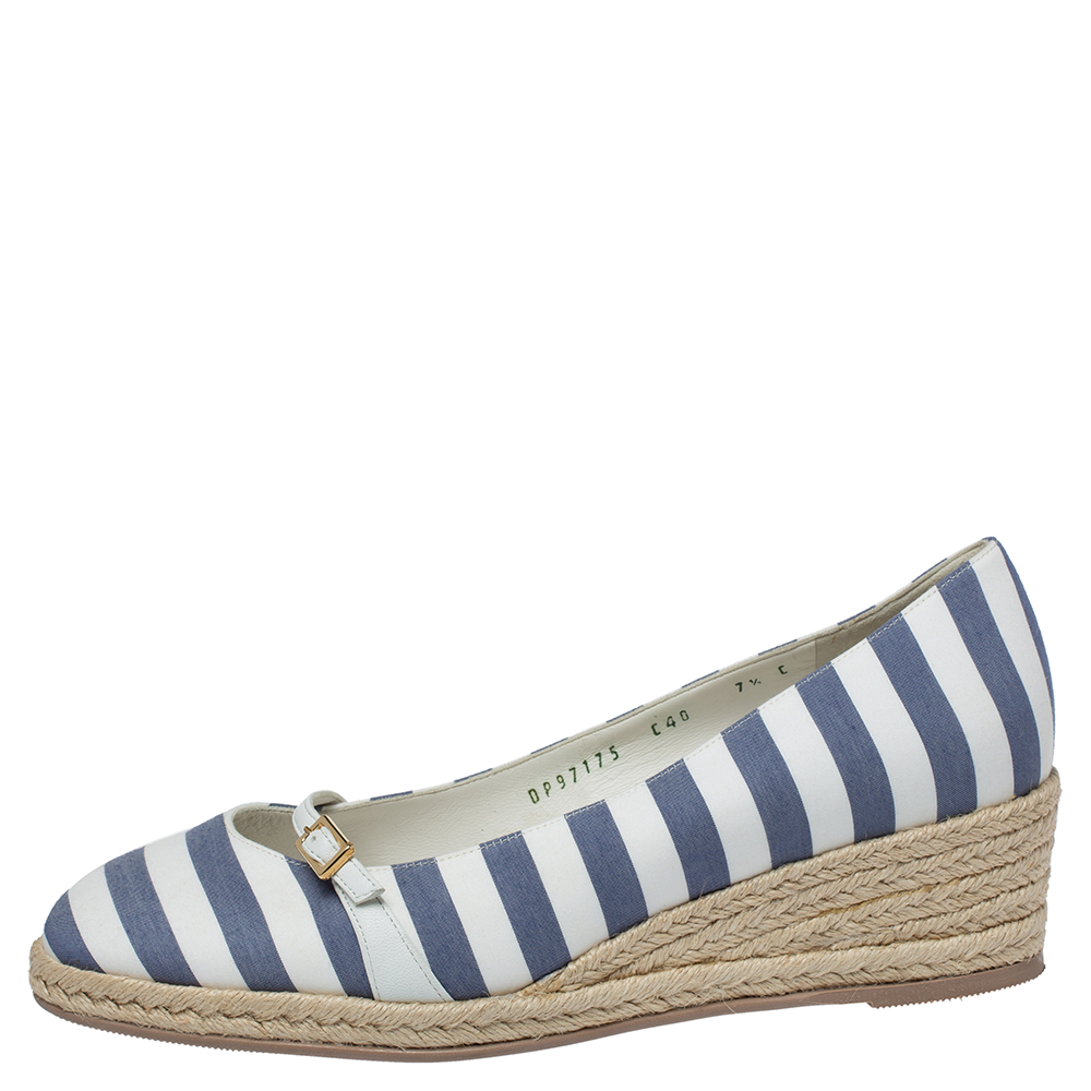 

Salvatore Ferragamo Two Tone Striped Canvas And Leather Audrey Wedge Espadrille Pumps Size, White