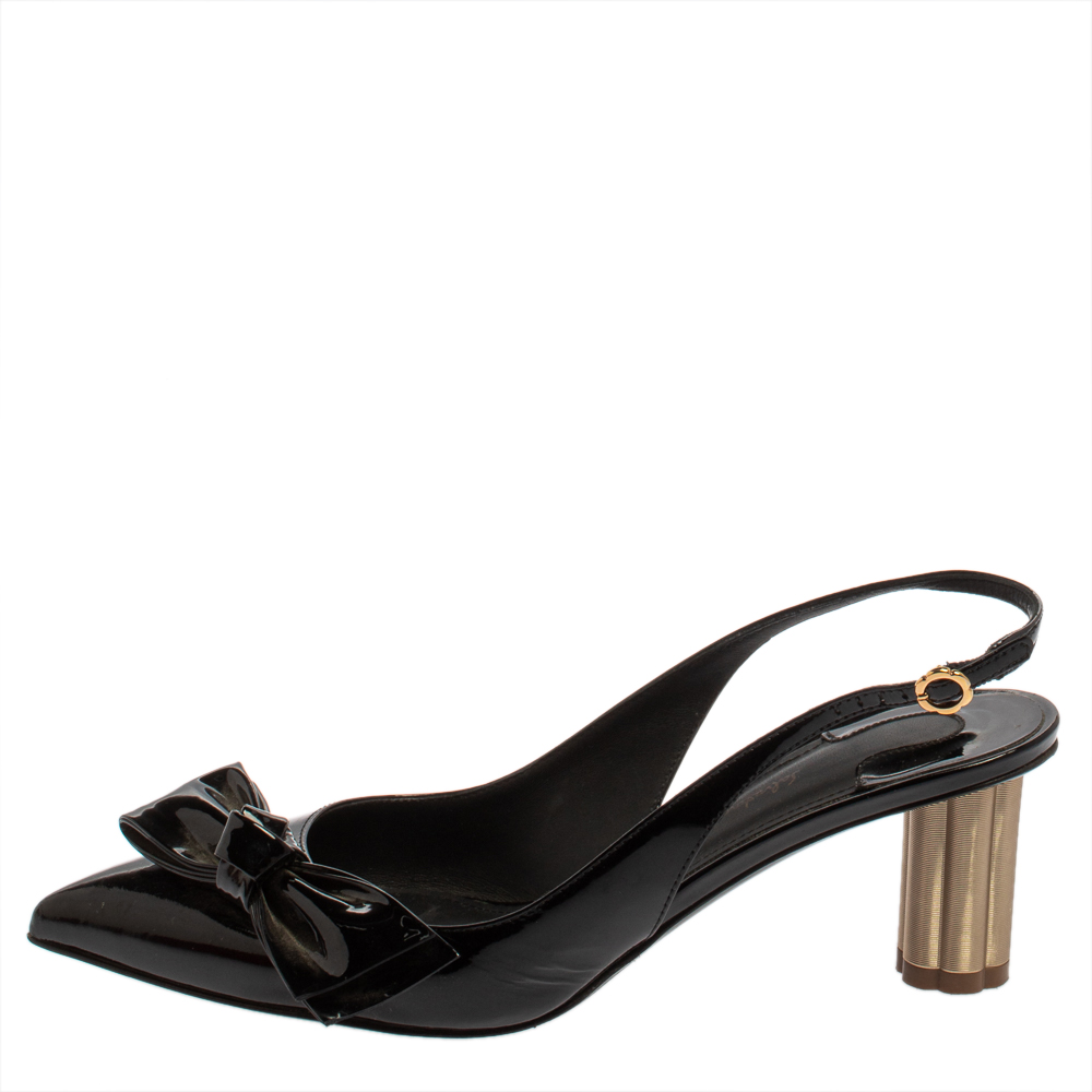 

Salvatore Ferragamo Black Bow Patent Leather Slingback Pumps Size