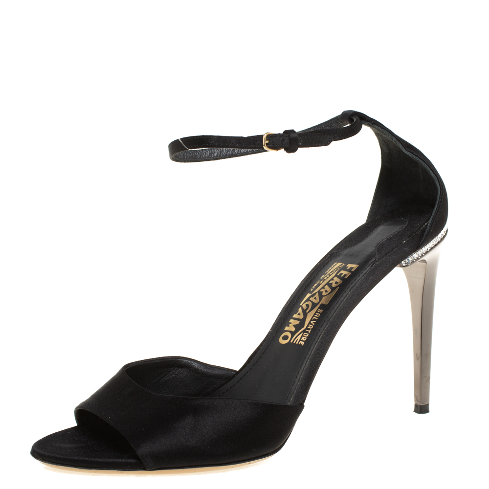 

Salvatore Ferragamo Black Satin Embellished Heel Ankle Strap Sandals Size 40