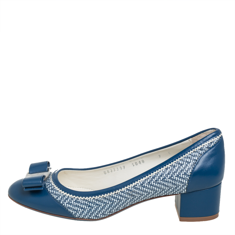 

Salvatore Ferragamo Blue Leather Vara Bow Block Heel Pumps Size