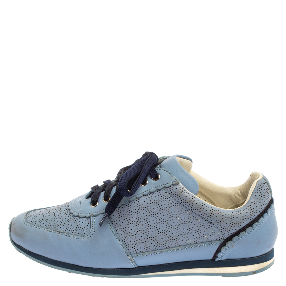 

Salvatore Ferragamo Blue Perforated Leather Sneakers Size