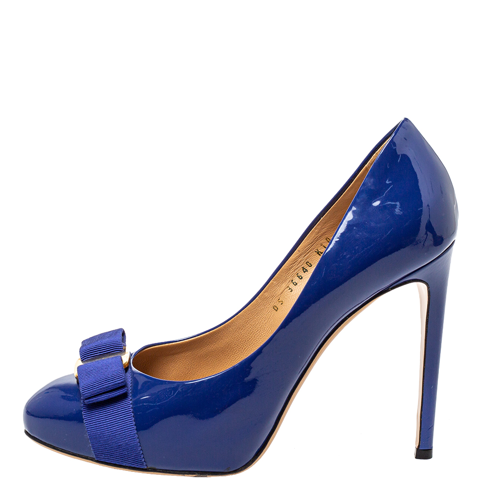 

Salvatore Ferragamo Blue Patent Leather Vara Bow Platform Pumps Size