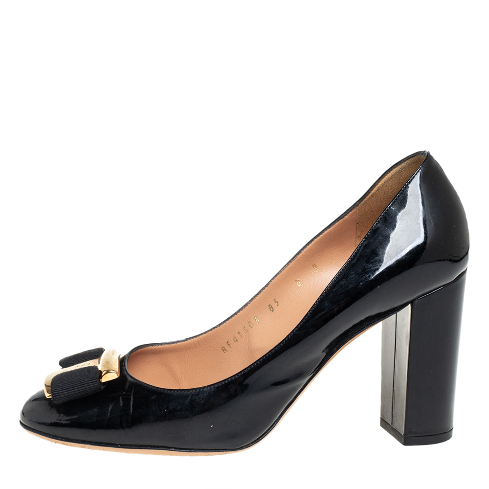 

Salvatore Ferragamo Black Patent Leather Alice Block Heel Pumps Size