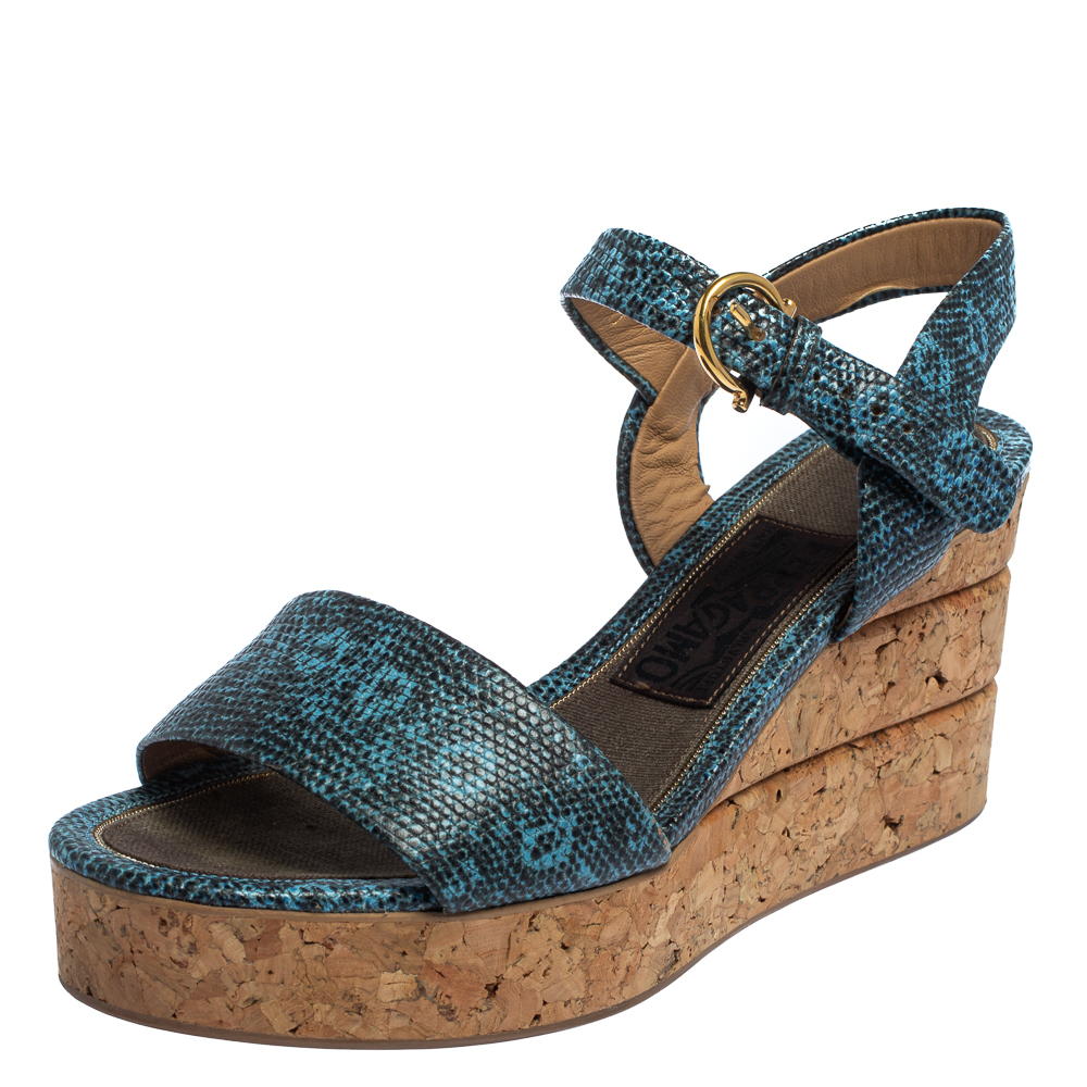 Pre-owned Ferragamo Blue Lizard Embossed Leather Madea Cork Wedge Sandals Size 35.5