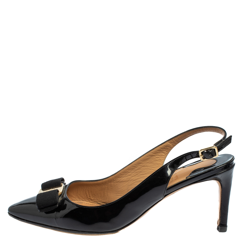 

Salvatore Ferragamo Black Patent Leather Vara Bow Slingback Sandals Size