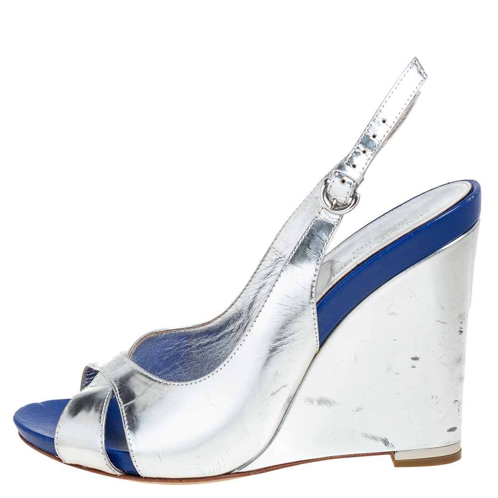

Sergio Rossi Blue/Silver Leather Criss Cross Wedge Sandals Size