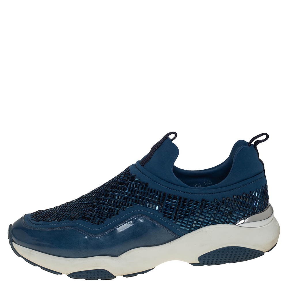 

Salvatore Ferragamo Blue Neoprene and Patent Leather Crystal Embellished Slip On Sneakers Size