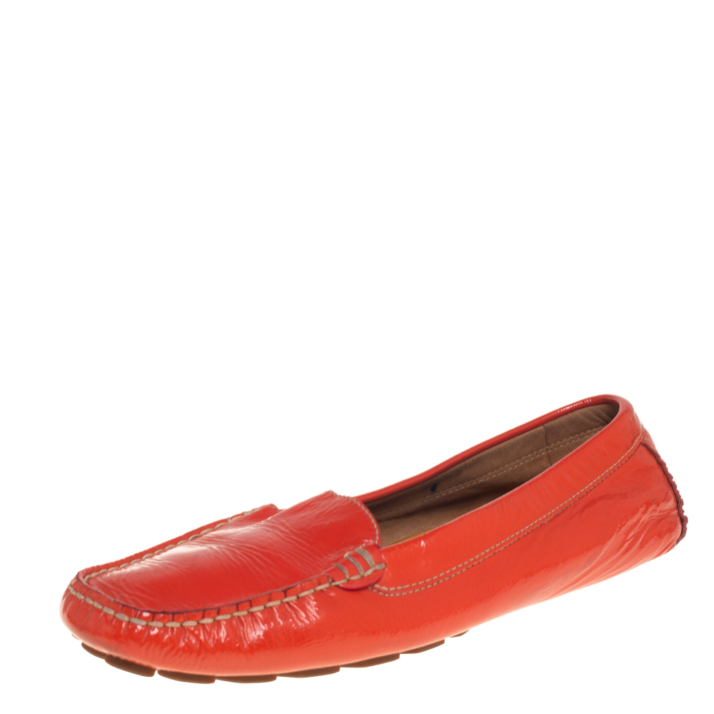 Pre-owned Ferragamo Orange Patent Leather Slip On Loafers Size 38.5