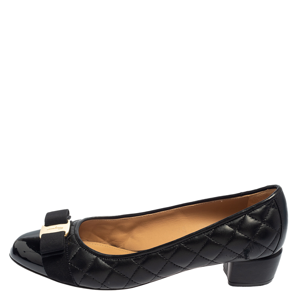 

Salvatore Ferragamo Black Quilted Leather Vara Bow Block Heel Pumps Size