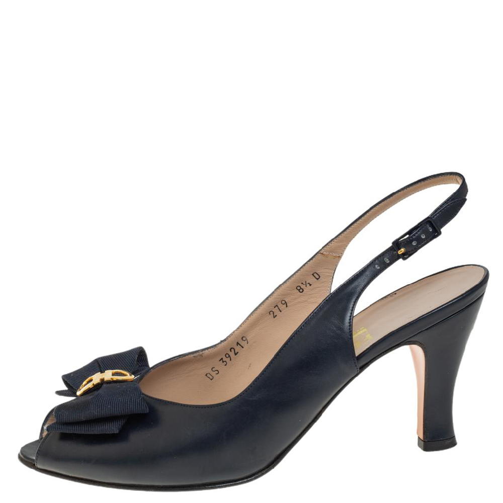 

Salvatore Ferragamo Dark Blue Gancini Bow Slingback Sandals Size