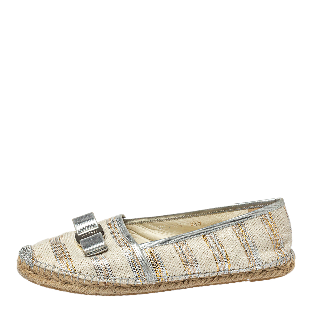 

Salvatore Ferragamo Beige/Silver Canvas And Leather Espadrille Flats