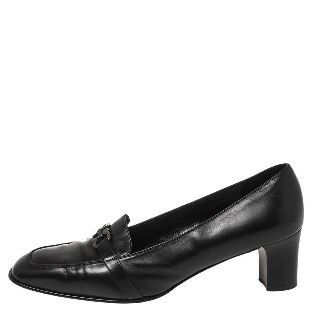 

Salvatore Ferragamo Black Leather Gancio Bit Loafer Pumps Size