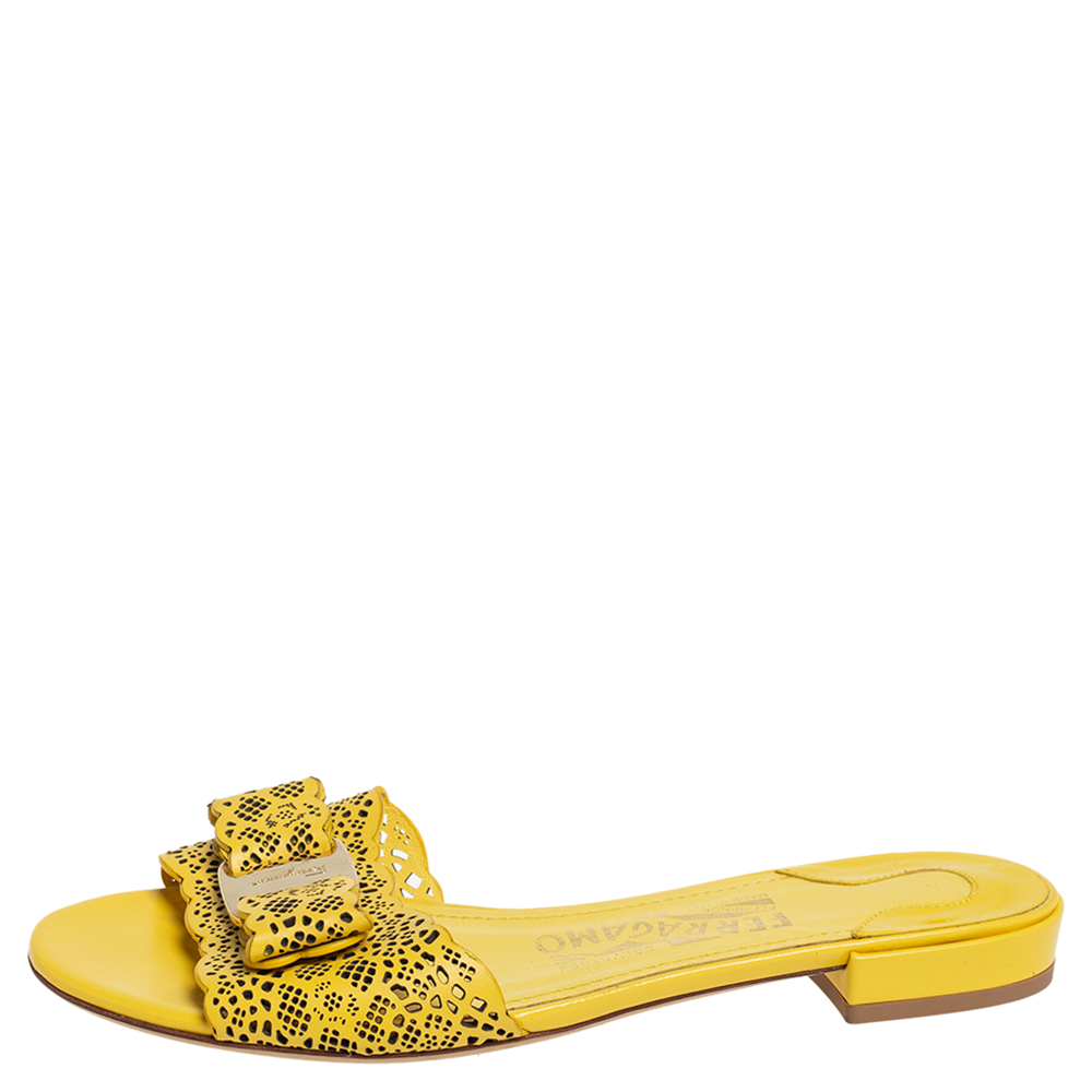 

Salvatore Ferragamo Yellow Laser Cut Leather Gil Flat Slide Sandals Size