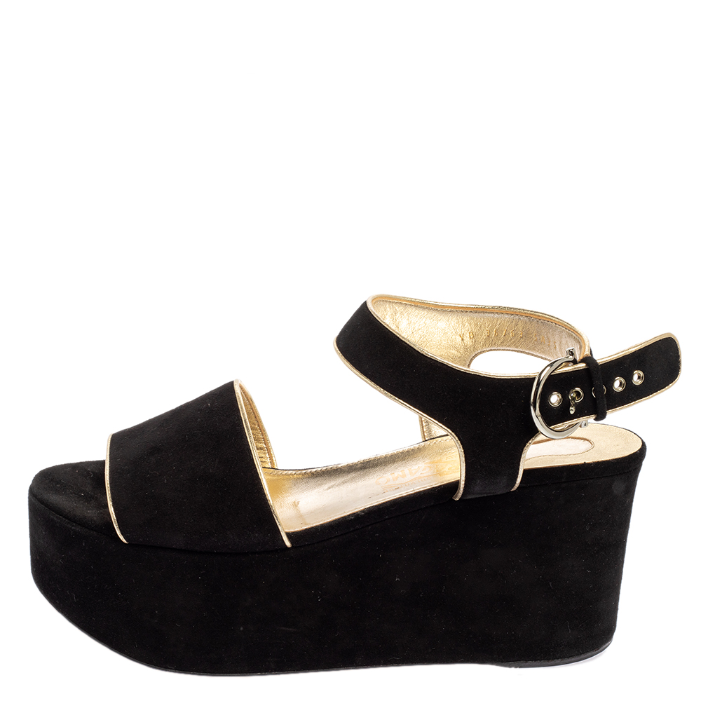 

Salvatore Ferragamo Black Suede Wedge Platform Sandals Size