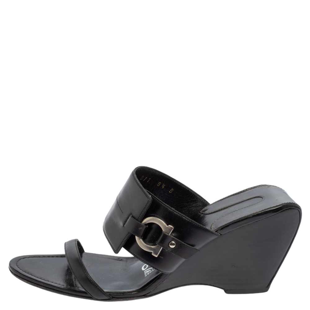 

Salvatore Ferragamo Black Leather Wedge Slide Sandals Size