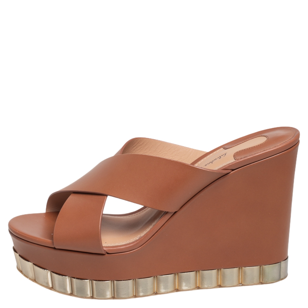 

Salvatore Ferragamo Brown Leather Nicosia Wedge Platform Cross Strap Sandals Size