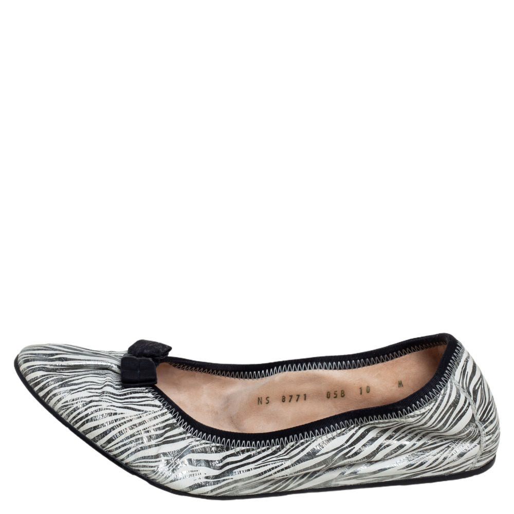 

Salvatore Ferragamo Silver/White Zebra Print Leather My Joy Ballet Flats Size