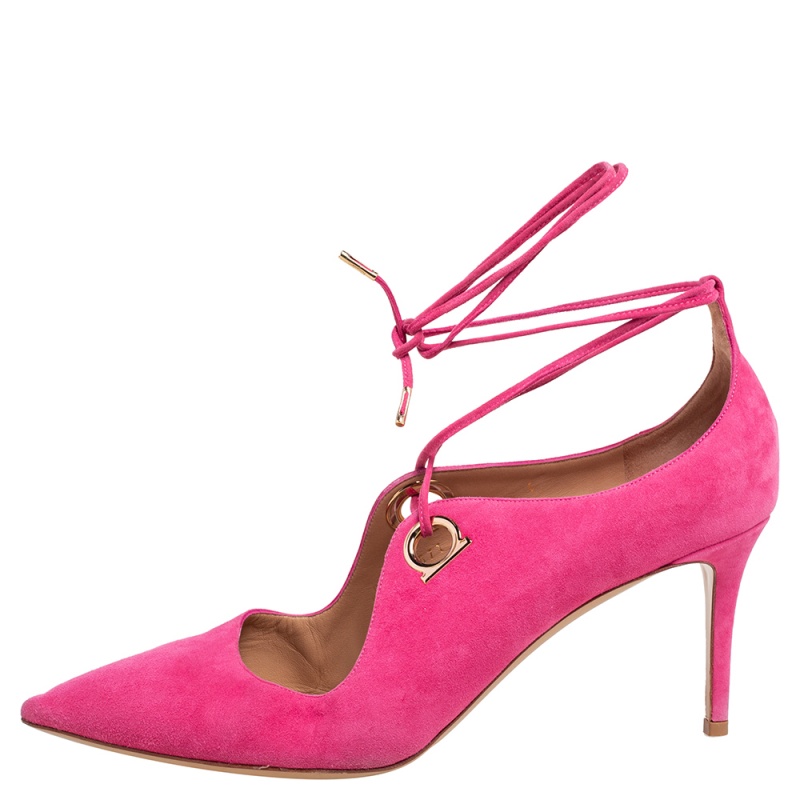 

Salvatore Ferragamo Pink Suede Fidan Ankle Tie Pumps Size