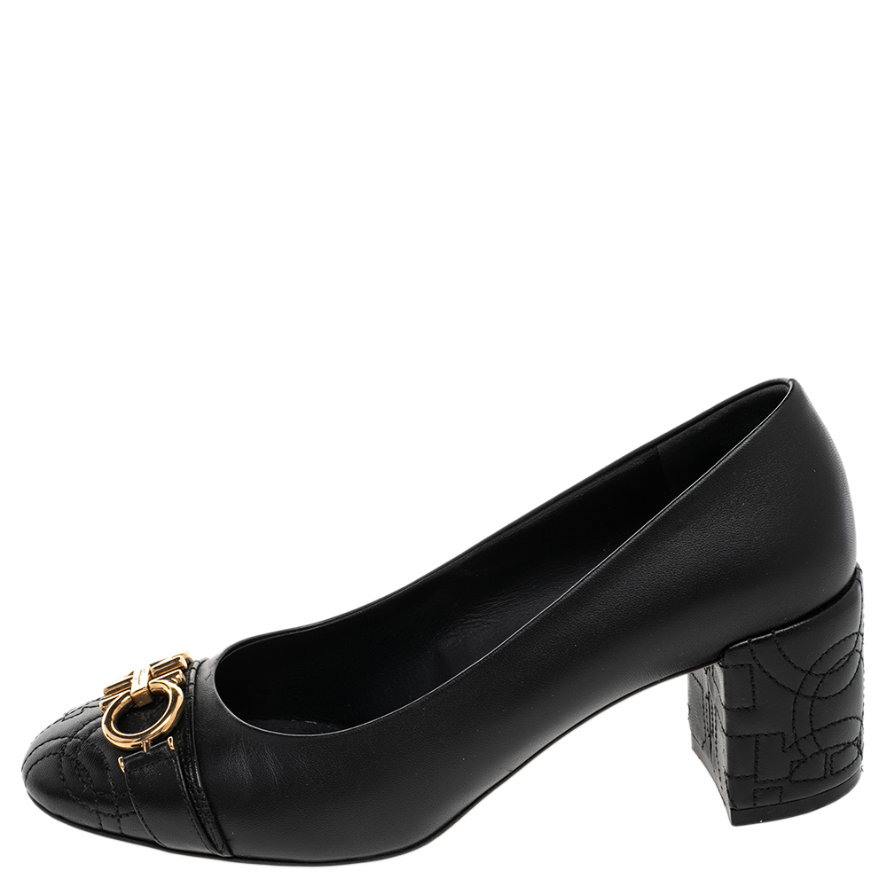 

Salvatore Ferragamo Black Quilted Leather Block Heel Pumps Size