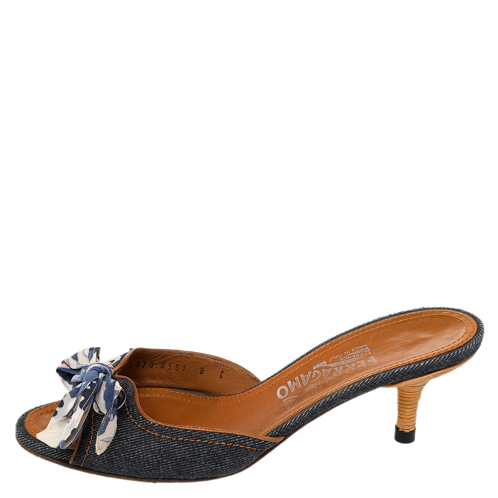 

Salvatore Ferragamo Blue/Brown Denim And Leather Knot Slide Sandals Size