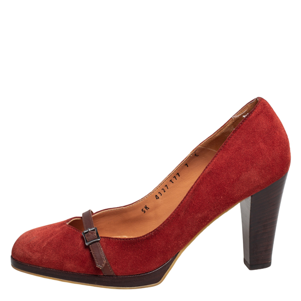 

Salvatore Ferragamo Brown Suede Buckle Detail Block Heel Pumps Size