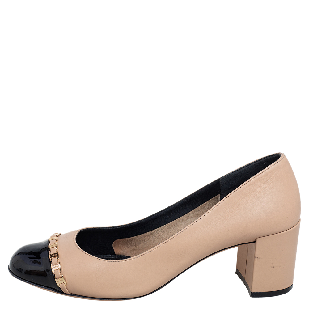 

Salvatore Ferragamo Beige/Black Patent Leather and Leather Avella Block Heel Pumps Size