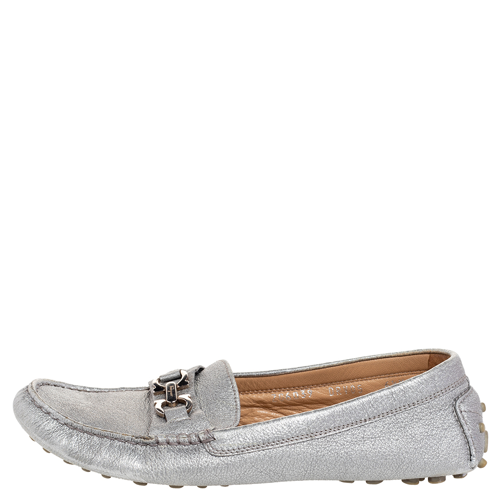 

Salvatore Ferragamo Silver Leather Slip on Loafers Size