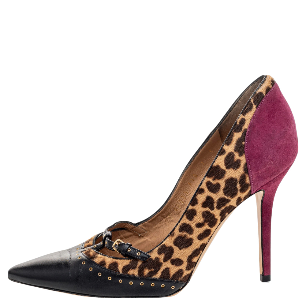 

Salvatore Ferragamo Multicolor Leather And Leopard Pony Hair Lienna Studded Pumps Size