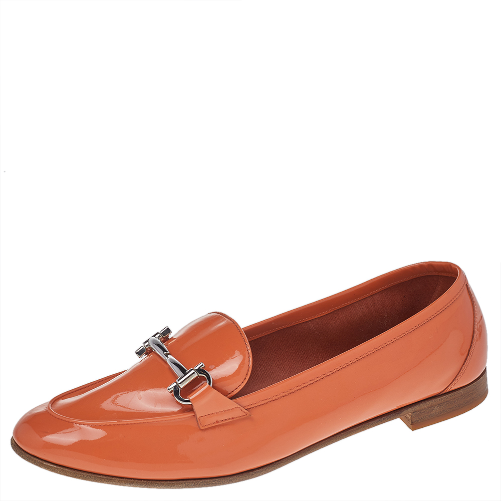 

Salvatore Ferragamo Orange Patent Leather Funes Gancio Bit Loafers Size