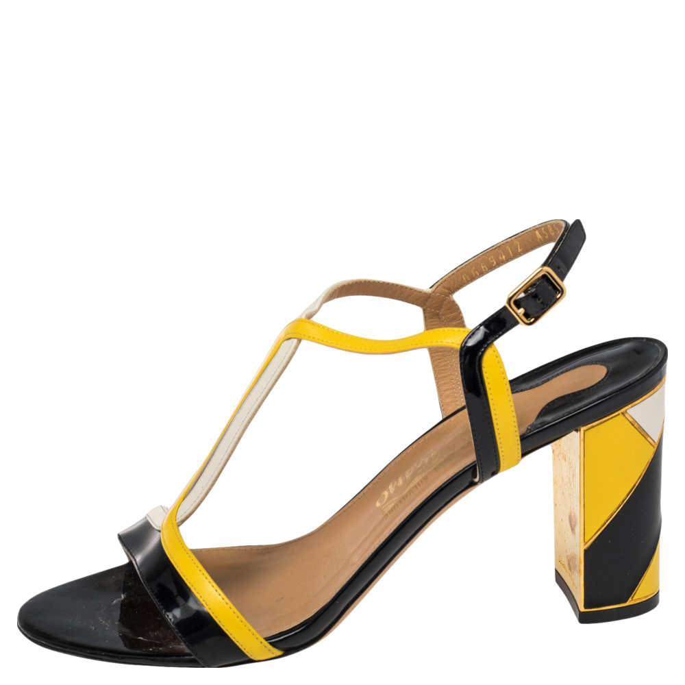 

Salvatore Ferragamo Tricolor Leather And Patent Leather Ankle Strap Sandals Size, Black