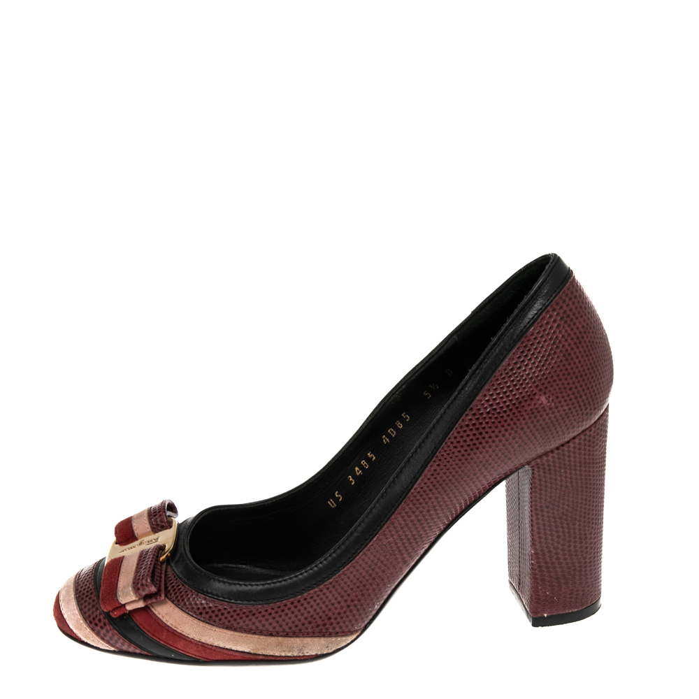 

Salvatore Ferragamo Multicolor Stripe Suede and Lizard Embossed Leather Vara Bow Pumps Size