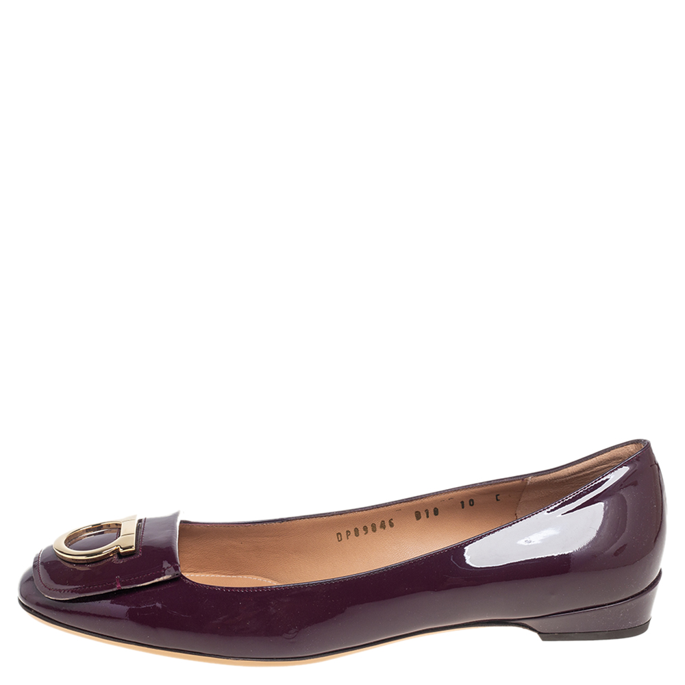 

Salvatore Ferragamo Purple Patent Leather Rebi Gancio Ballet Flats Size