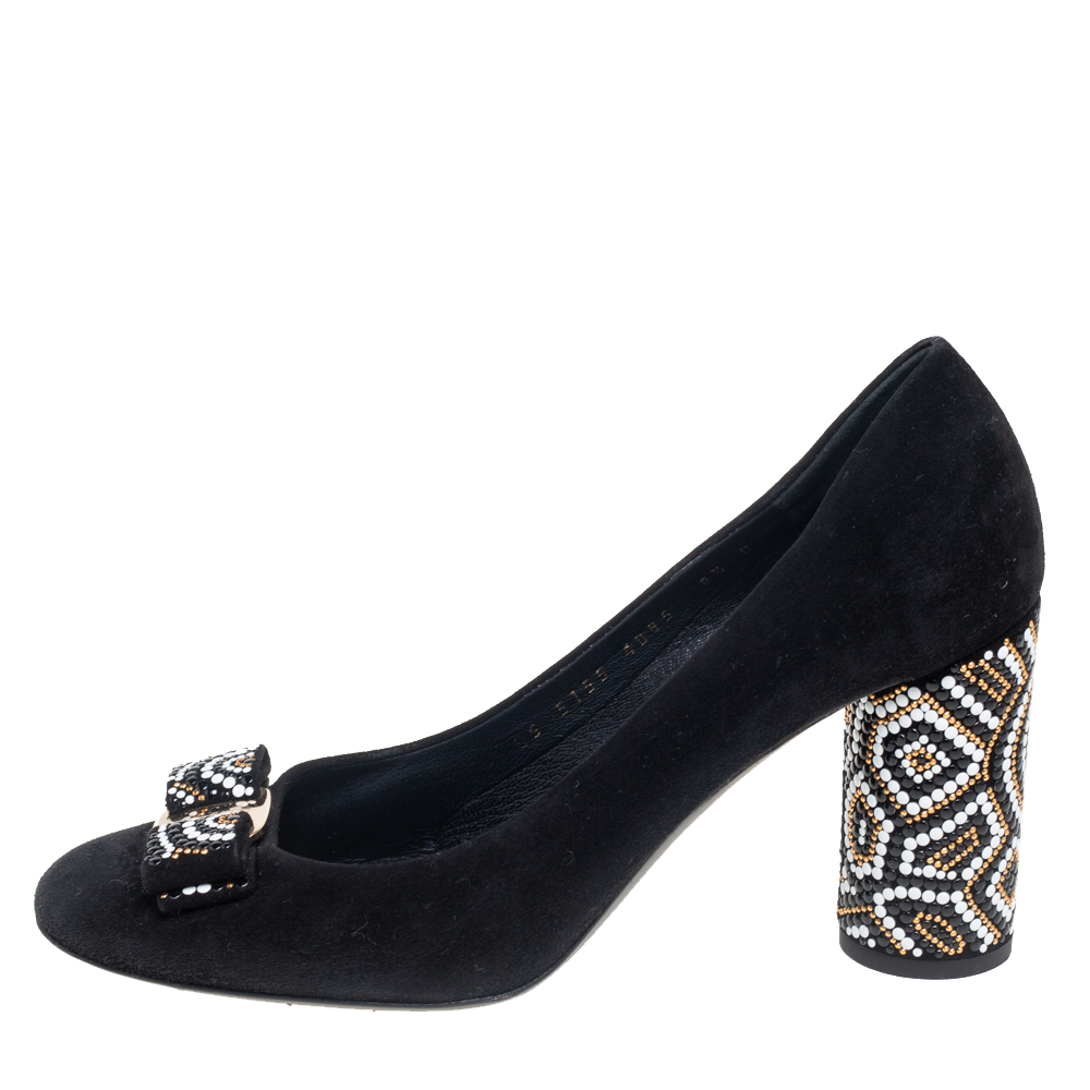 

Salvatore Ferragamo Black Suede Embellished Pumps Size