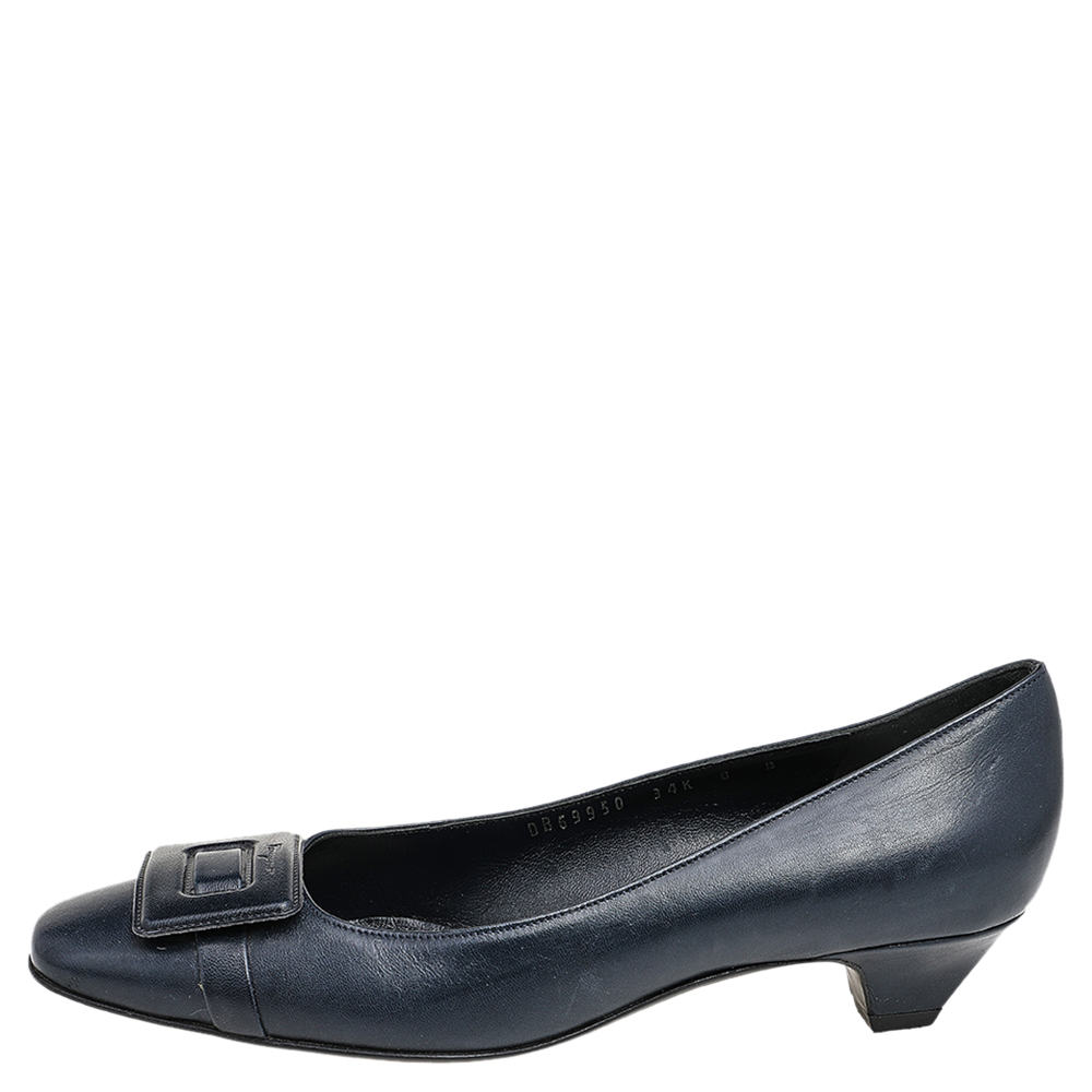 

Salvatore Ferragamo Dark Blue Leather Block Heel Pumps Size