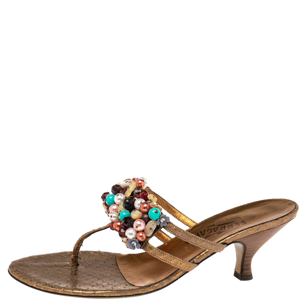 

Salvatore Ferragamo Gold Python Crystal and Pearl Embellished Slide Sandals Size