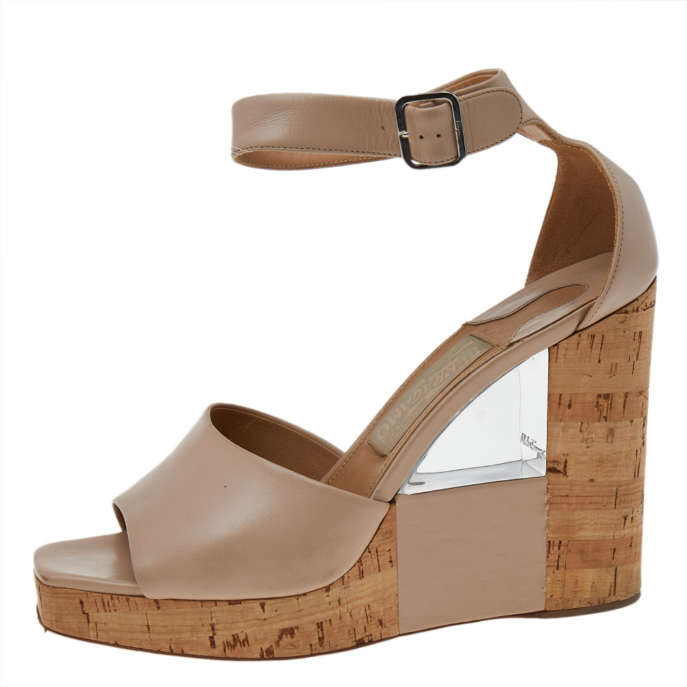 

Salvatore Ferragamo Beige Leather Platform Wedge Ankle Strap Sandals Size