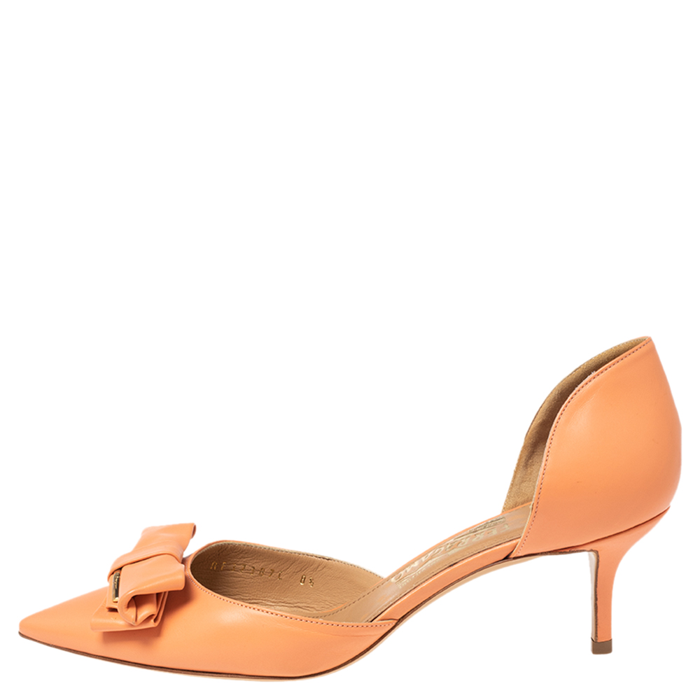 

Salvatore Ferragamo Orange Leather Bow D'Orsay Pumps Size