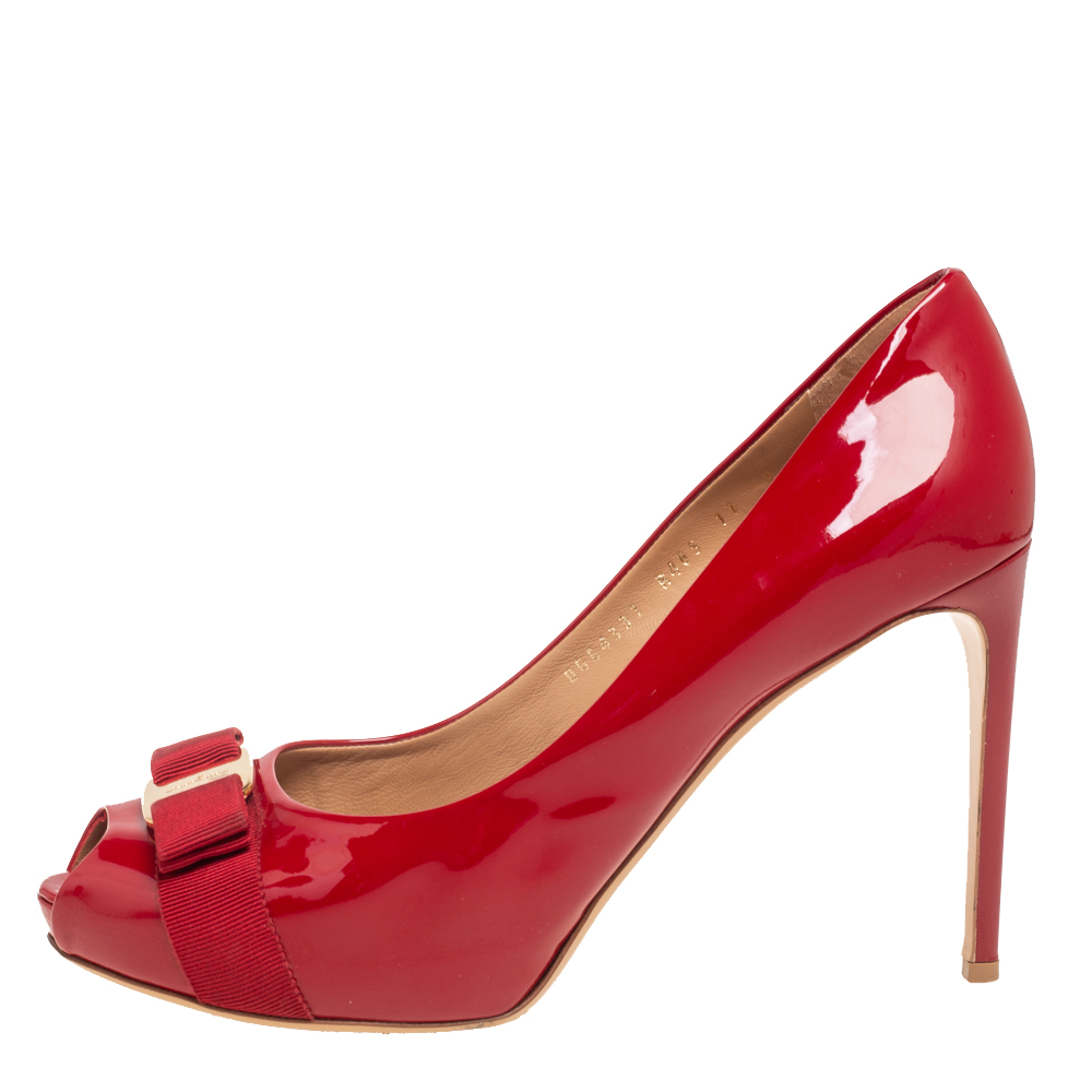 

Salvatore Ferragamo Red Patent Leather Vara Bow Peep Toe Pumps Size