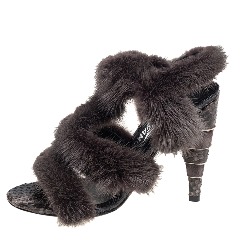 

Salvatore Ferragamo Grey Mink Fur and Leather Trim High-Heel Sandals Size