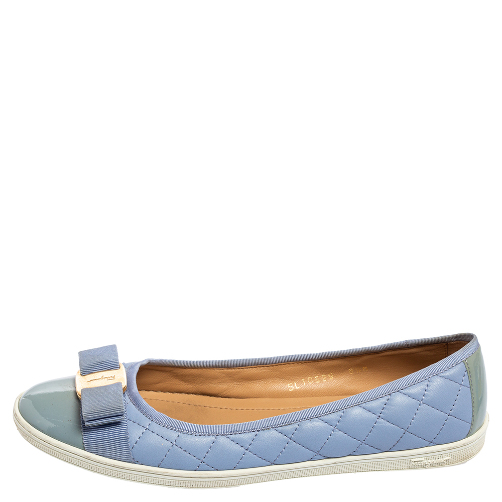 

Salvatore Ferragamo Blue Patent And Leather Vara Bow Ballet Flats Size