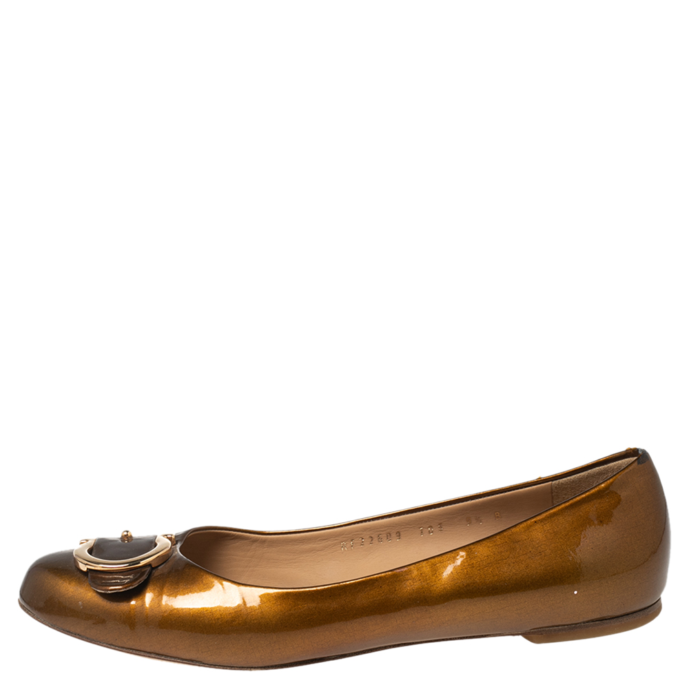 

Salvatore Ferragamo Bronze Patent Leather Buckle Detail Ballet Flats Size