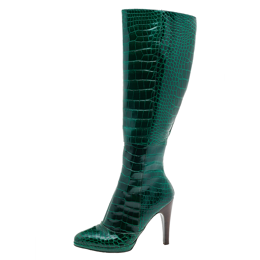 

Salvatore Ferragamo Green Alligator Leather Knee Length Boots Size