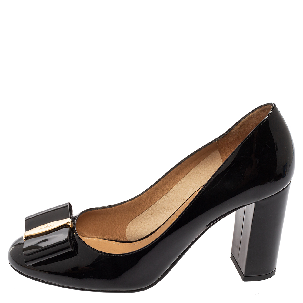 

Salvatore Ferragamo Black Patent Leather Varina Block Heel Pumps Size