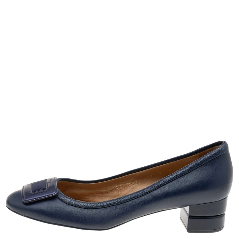 

Salvatore Ferragamo Blue Leather Block Heel Pumps Size
